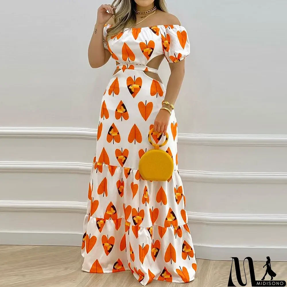 MidiSono - Women's Fashion Fresh and Sweet Off-Shoulder Puff Sleeves Low Back Slim Waist Hollow Swing Dress