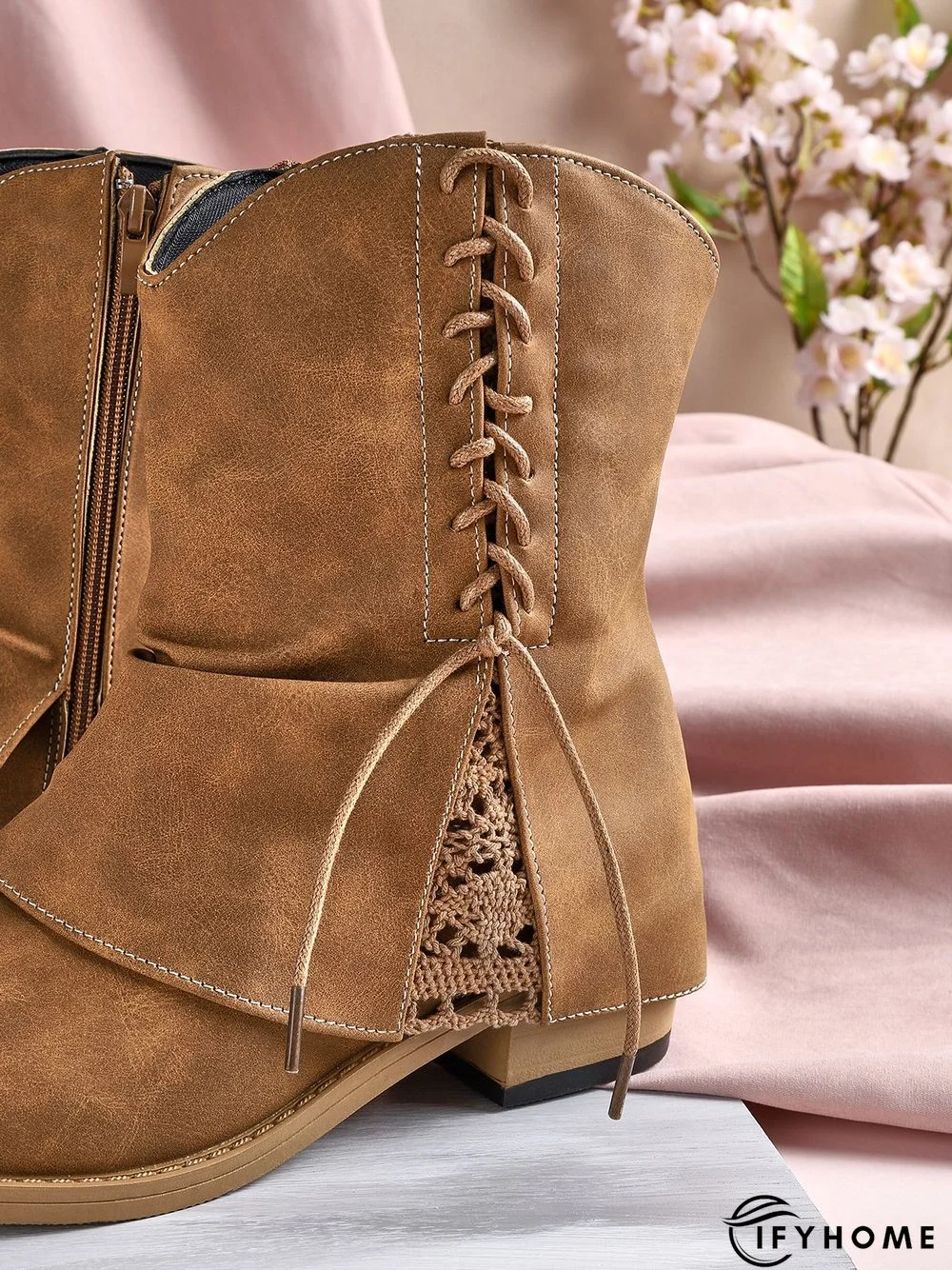 Women's Cross Lace Lace Panel Vintage Chunky Heel Chukkas Booties | IFYHOME