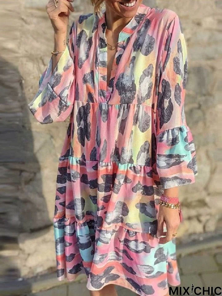 Leopard V-Neck Loose Casual Mid-Length Dress