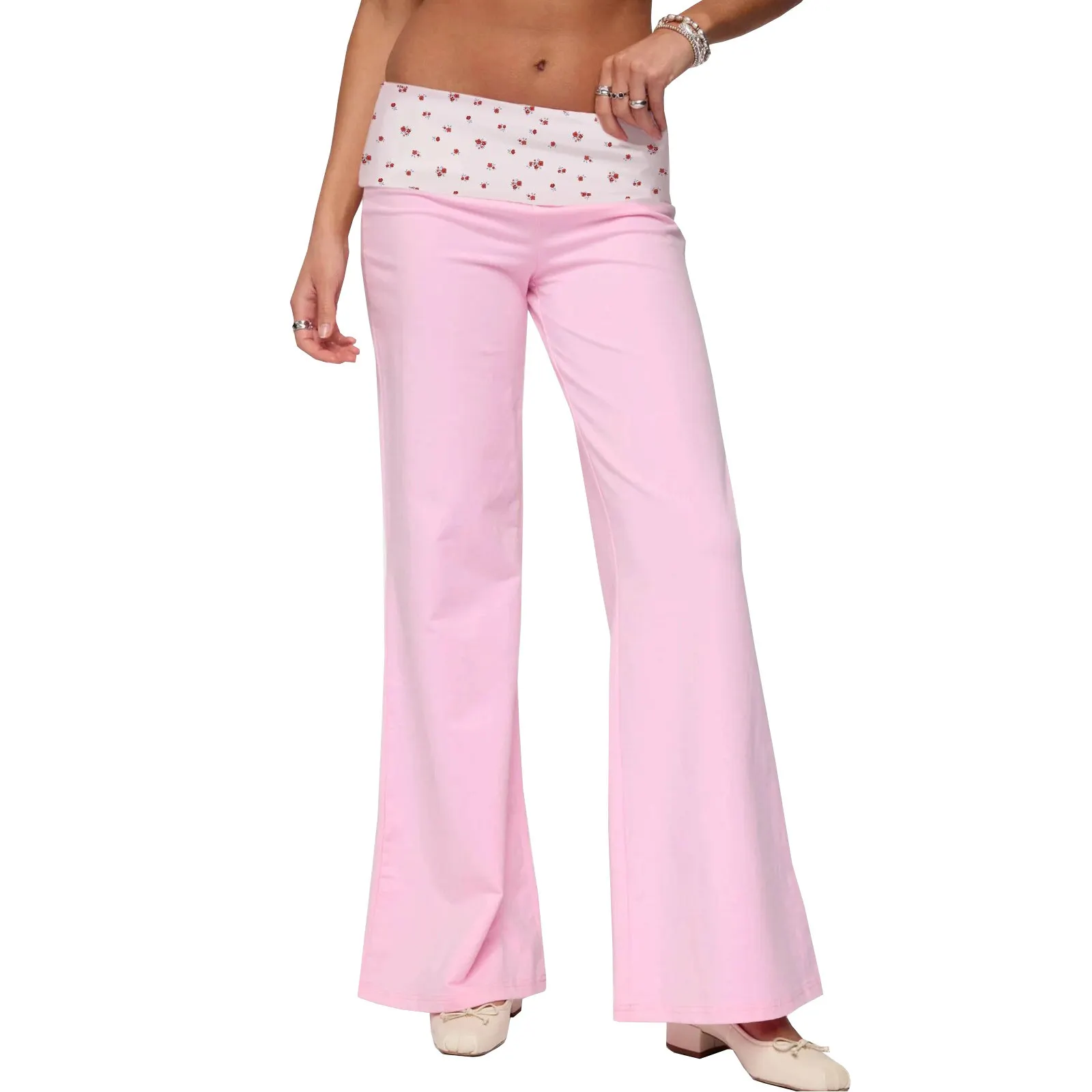 Women's Y2K Pink Fold‑Over Waist Flare Pants