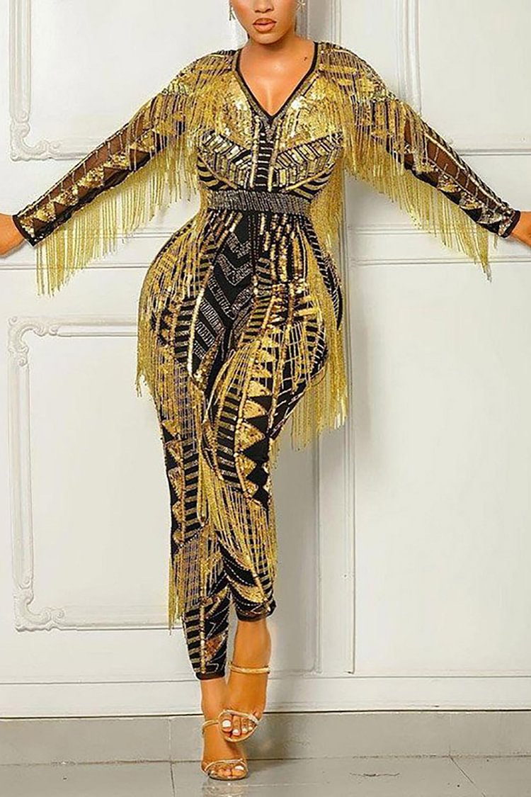 Xpluswear Plus Size Gold Fringe Party Jumpsuit 