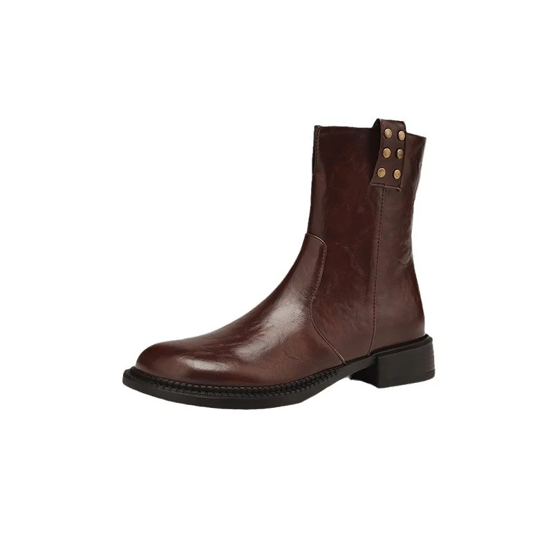 Breakj Breakj Plus Size Boots Vintage Round Head Western Boots Thick Heel Ankle Boots Women's Fall New Style Side Zipper Low Heel Skinny Boots