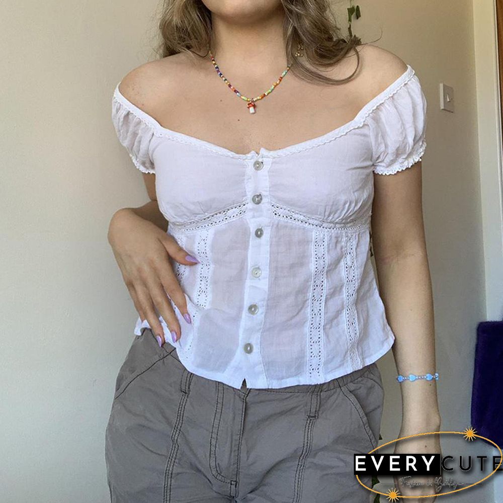 Sweet Kawaii Tshirts Y2K Lace Patchwork Square Collar Chic Buttons Tops Tee Aesthetic Harajuku Grunge Shirt