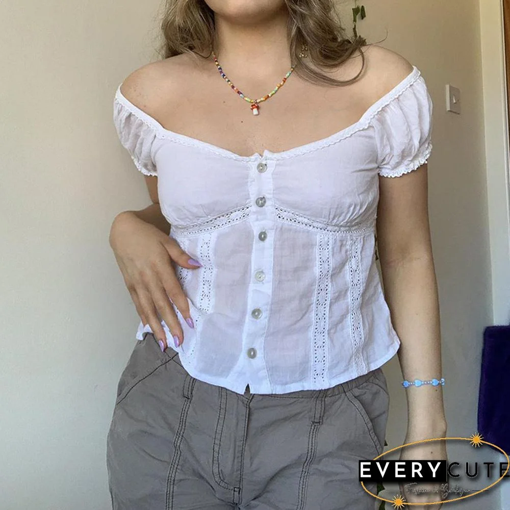 Sweet Kawaii Tshirts Y2K Lace Patchwork Square Collar Chic Buttons Tops Tee Aesthetic Harajuku Grunge Shirt