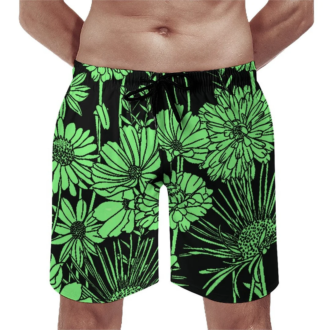 Artsy Chic Ornate Black White Daisy Floral Men's Swim Trunks Summer Board Shorts Quick Dry Beach Short with Pockets