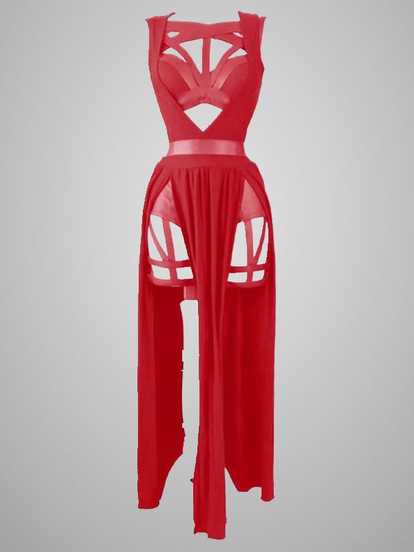 Sexy Girl Bandaged Cutout Solid Color High Split Red Mesh Sets