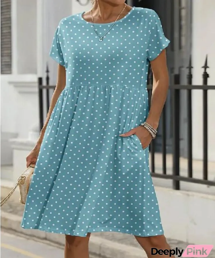 Summer Women Fashion Casual Polka Dot Print Round Neck Short Sleeve Pocket Dress