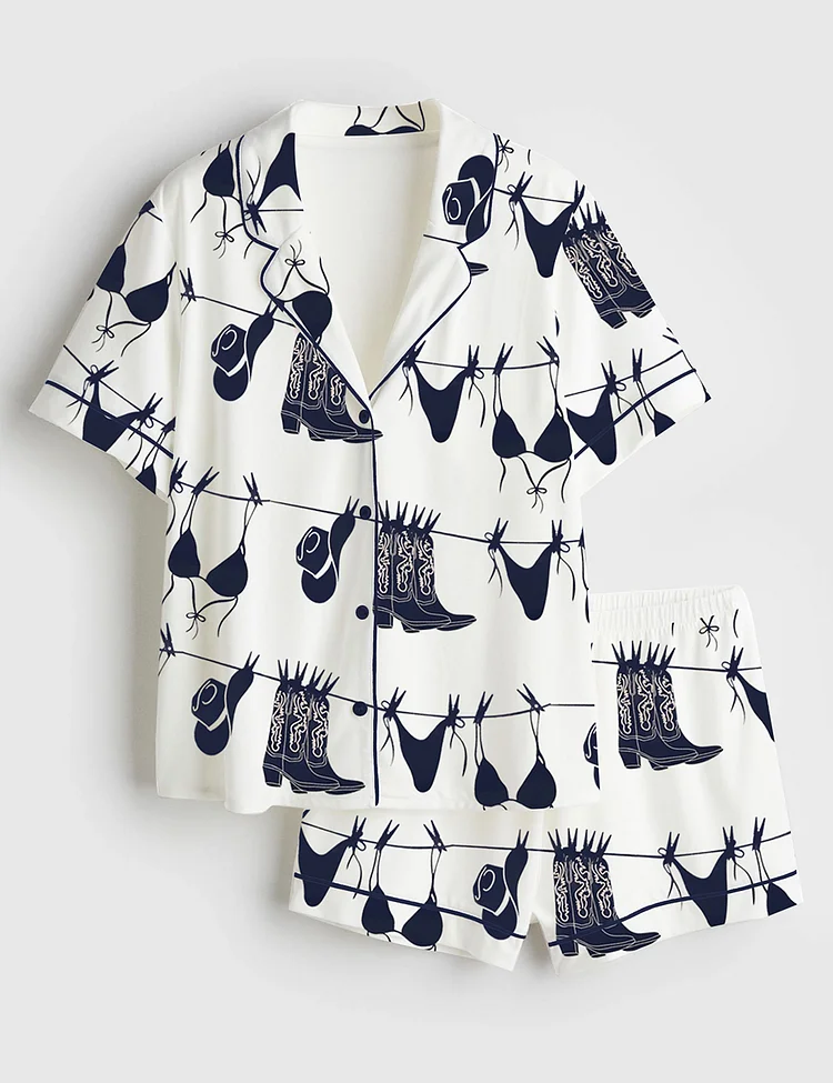 Women&rsquo;s Coastal Western Cowgirl Bikini Art Print Navy Bikini Hanging Beach Print Short Sleeve Satin Pajama Set