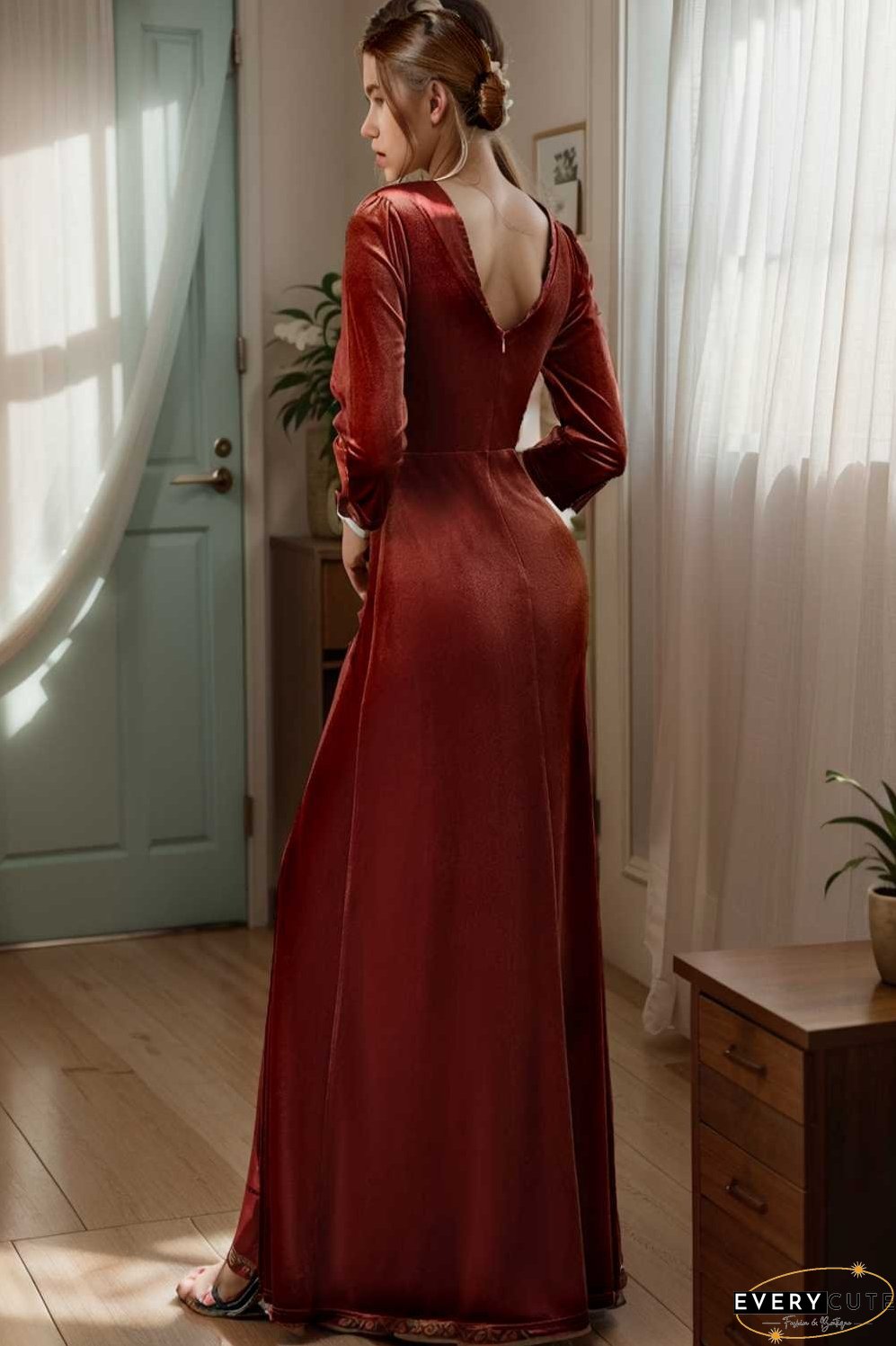 velvet 3 4 length sleeve illusion v neck front slit evening dress
