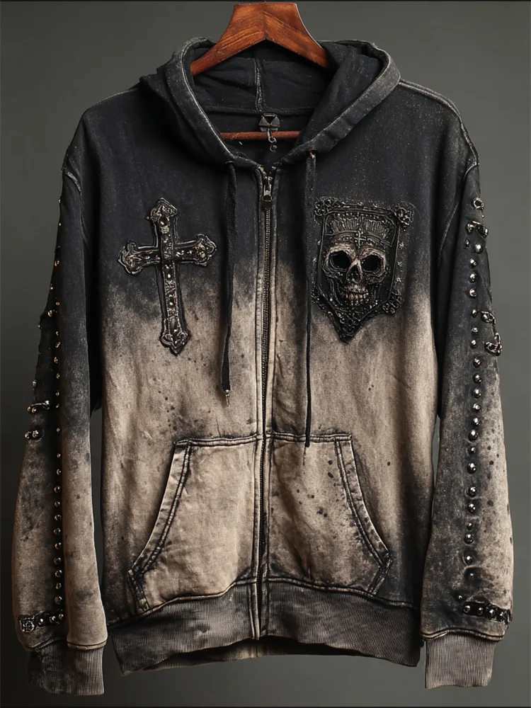 Rock Skull & Cross Studded Contrast Bleached Full Zip Hoodie