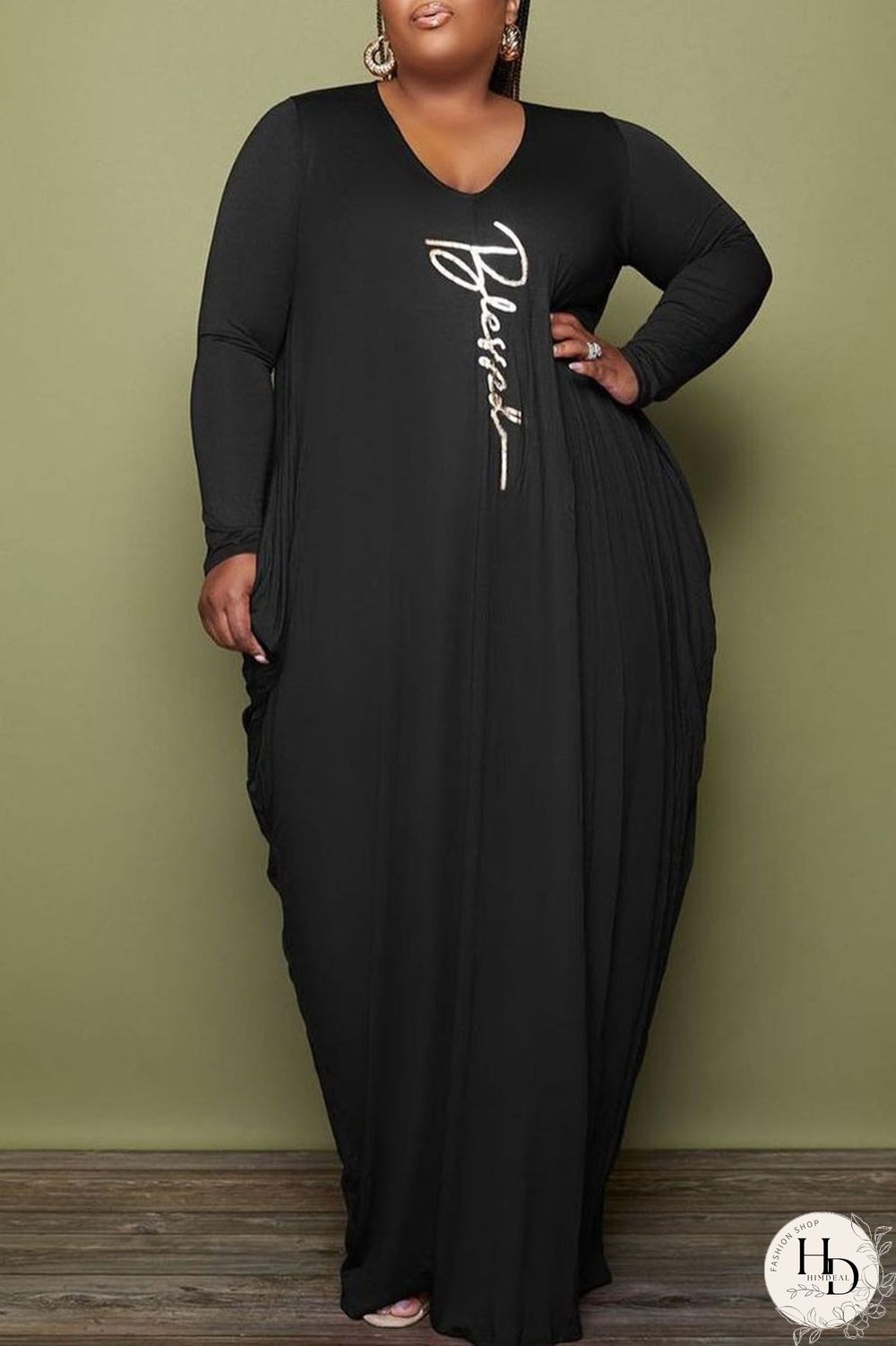 Black Casual Print Patchwork Fold O Neck Long Sleeve Plus Size Dresses