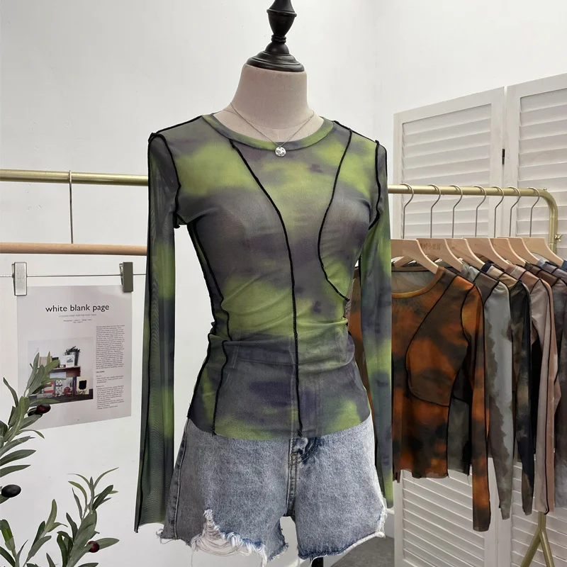 Uveng Sunset Sun Dyed Elastic Mesh Yarn T-Shirt Stacked With Long-Sleeved Top Press Line T-Shirt 8980