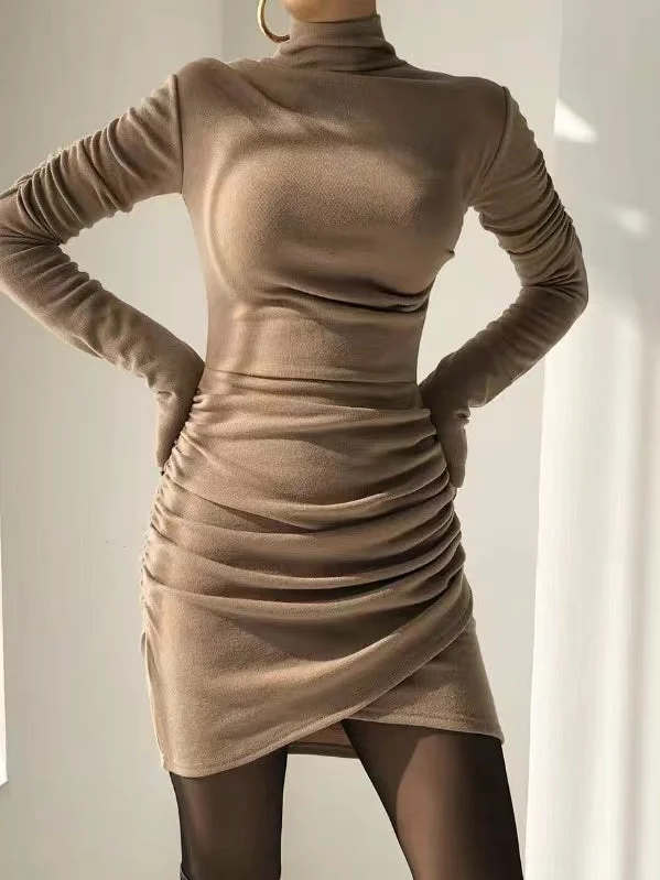 Sexy Solid Color Mid-neck Folds Wrap Hip Long Sleeve Dress