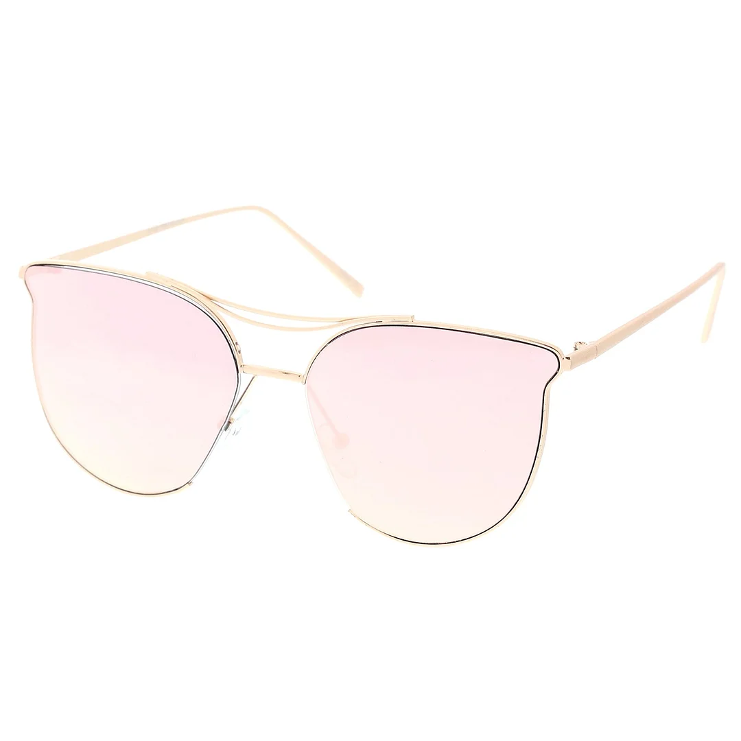 Modern Metal Cat Eye glasses With Double Nose Bridge Round Mirrored Flat Lens 55mm