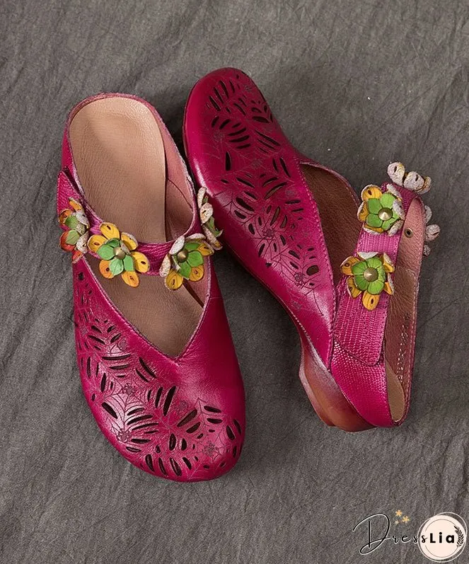 Vintage Purple Hollow Out Floral Cowhide Leather Slide Sandals