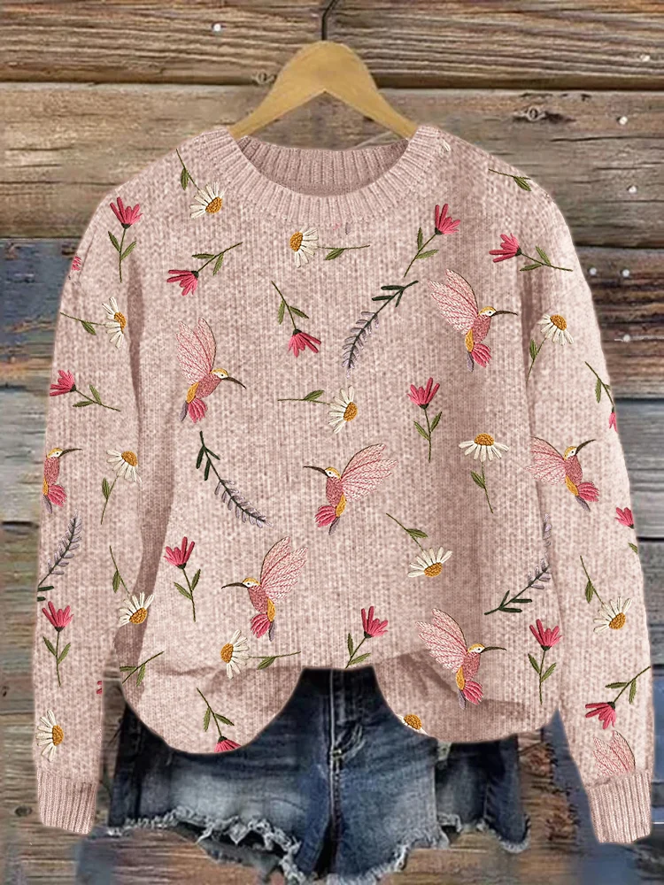 VChics Pink Hummingbirds Floral Embroidery Pattern Cozy Knit Sweater