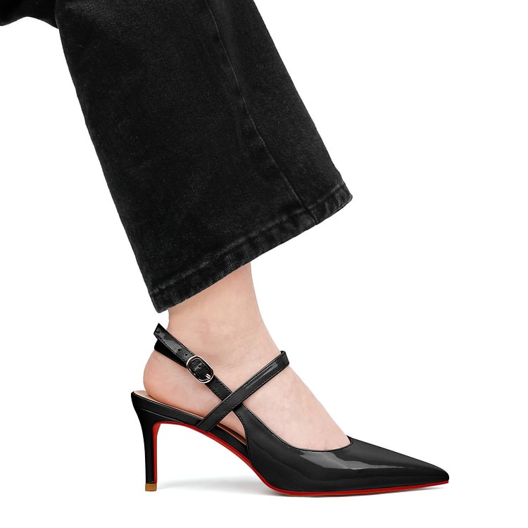 65mm Women Slingback Pumps Ankle Strap Stiletto Mid Heels Pointed Toe Dress Red Bottoms Shoes