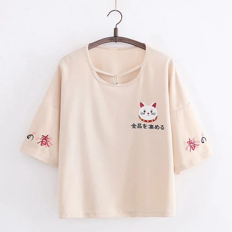 Cartoon Kitty Letter Embroidery Loose T-Shirt - Modakawa modakawa