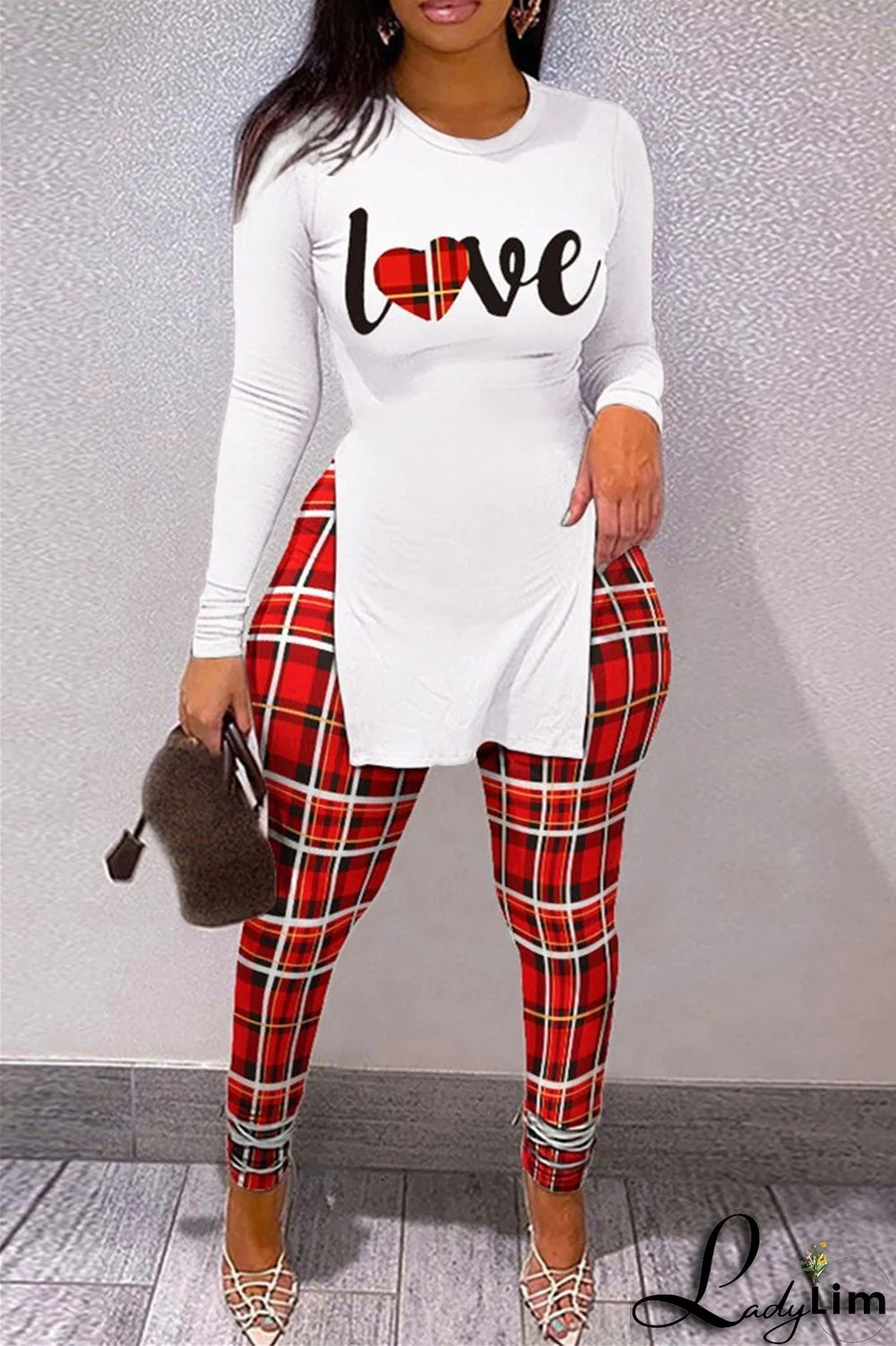 Red Fashion Casual Print Slit O Neck Long Sleeve Two Pieces