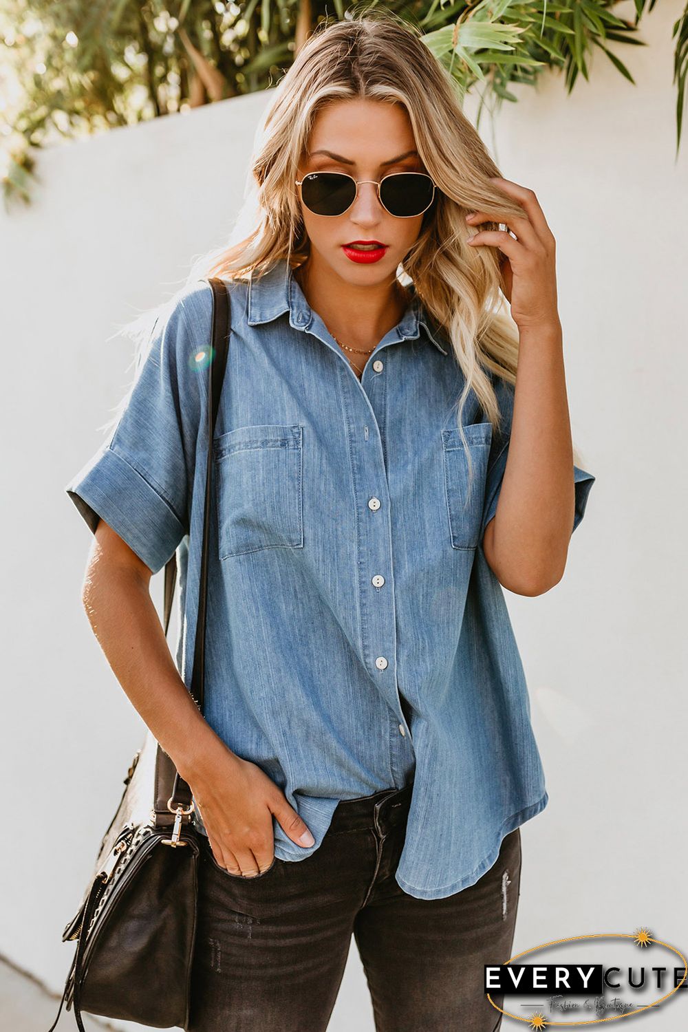 Light Blue Turn-down Collar Short Sleeve Denim Shirt