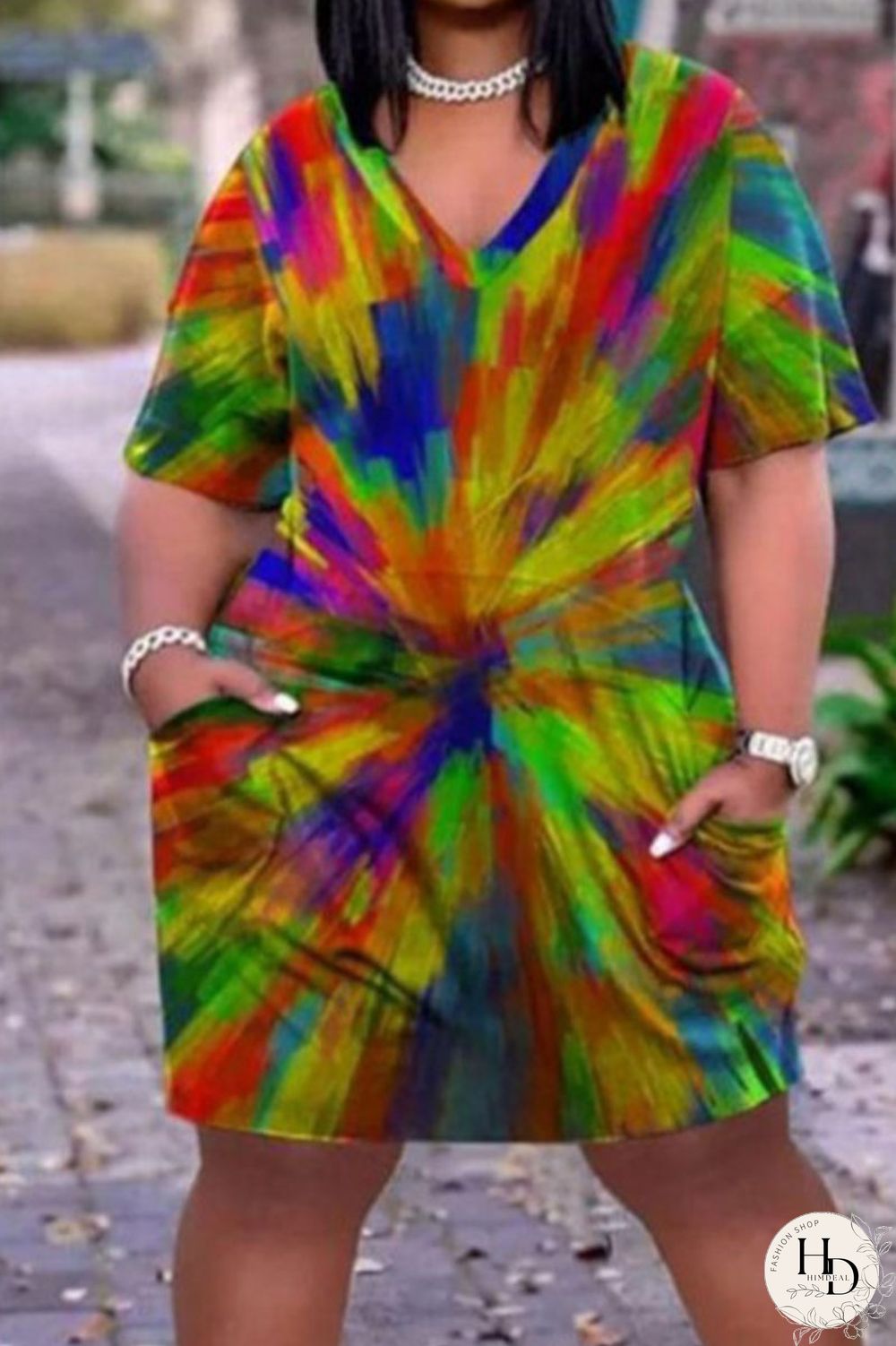 Multicolor Casual Street Print Patchwork V Neck Straight Dresses