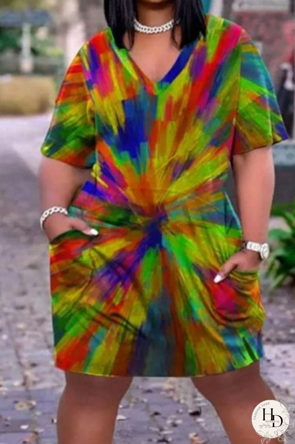 Multicolor Casual Street Print Patchwork V Neck Straight Dresses