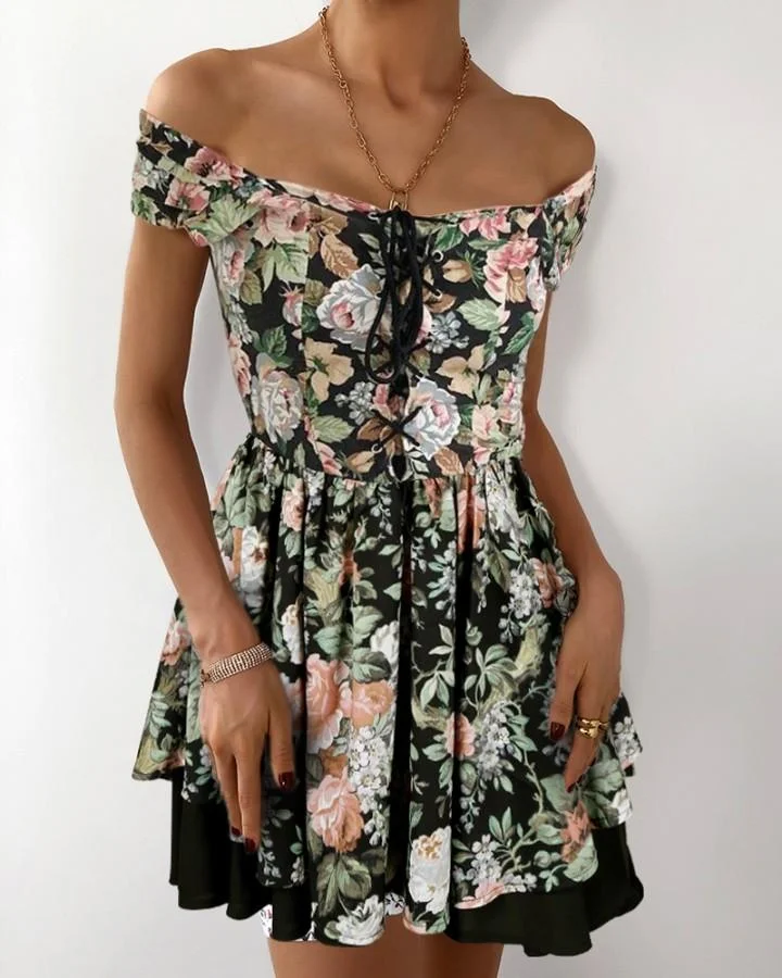 Eyelet Lace-up Off Shoulder Floral Print Dress