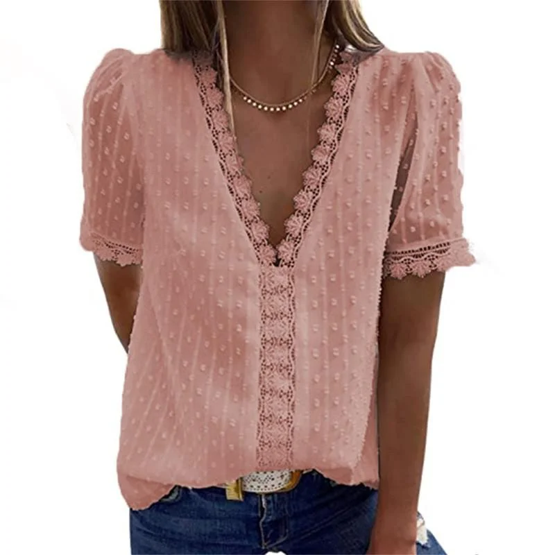 Summer Short Sleeve Womens Tops And Blouses Fashion V Neck Elegant Casual Chic Shirts Ladies Solid Lace Chiffon Blouse Plus Size