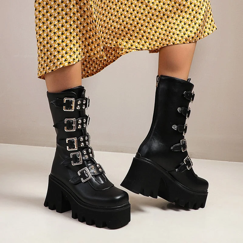 Vstacam  Winter Gothic Punk Womens Platform Boots Black Buckle Strap Zipper Creeper Wedges Shoes Mid Calf Military Combat Boots Women