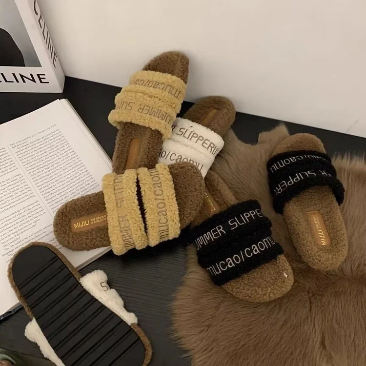 Wongn Wongn Autumn / Winter New Fashion Letter One Word Outside Wear Plush Slippers Wool Slippers Women's Shoes