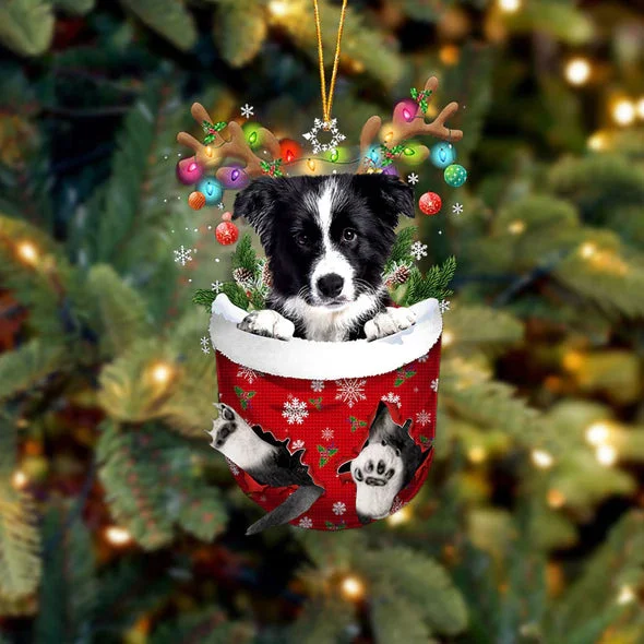 Border Collie In Snow Pocket Christmas Ornament.