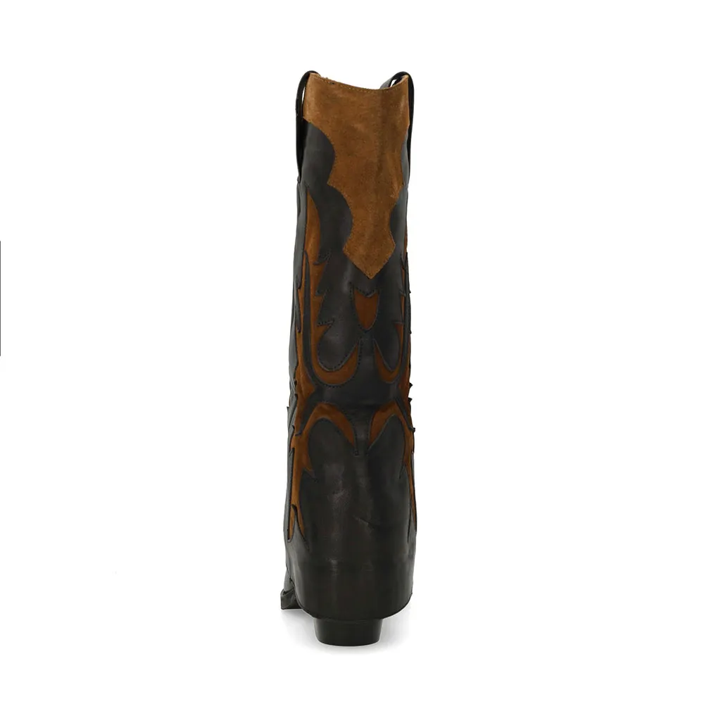 Fold Over Brown & Black Patchwork Pull On Pointed Toe Cowgirl Boots
