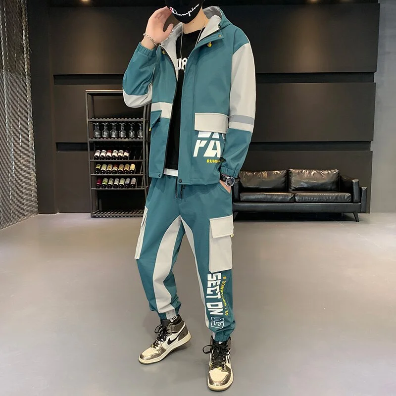 Hip-hop Suit Male Set Track Suits Sweatsuit Man Tracksuit Mens Set Pant Zipper Pockets Outwear 2PC Jacket+Pants Sets Streetwear