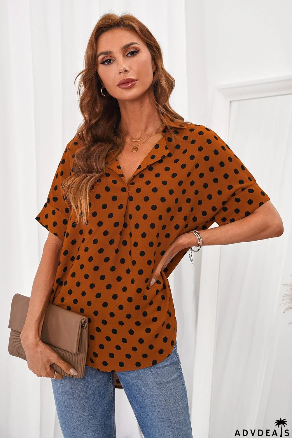 Dotted Print V Neck Drape Front Blouse
