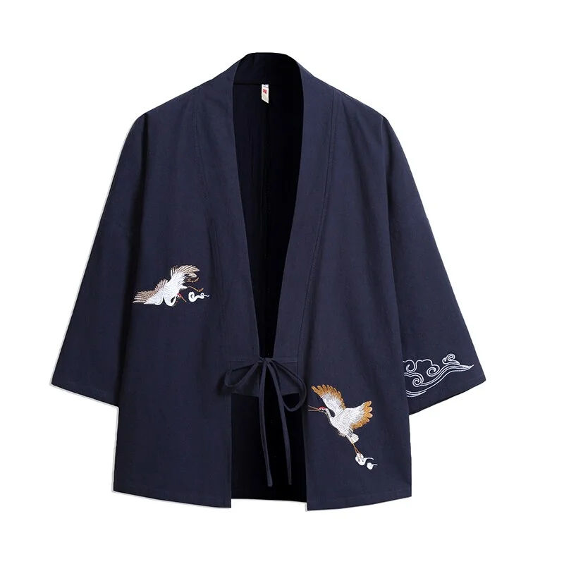 Men Embroidery Crane Kimono 2021 New Arrival Chinese Style Shirts Male Harajuku Streetwear Vintage Belt Kimono Cardigan