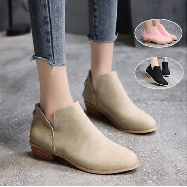 Women's Fashion Autumn Solid Leather Ankle Boots Cut-out Low Chunky Heel Round Toe Back Zipper Casual Short Boots - Shop Trendy Women's Clothing | LoverChic