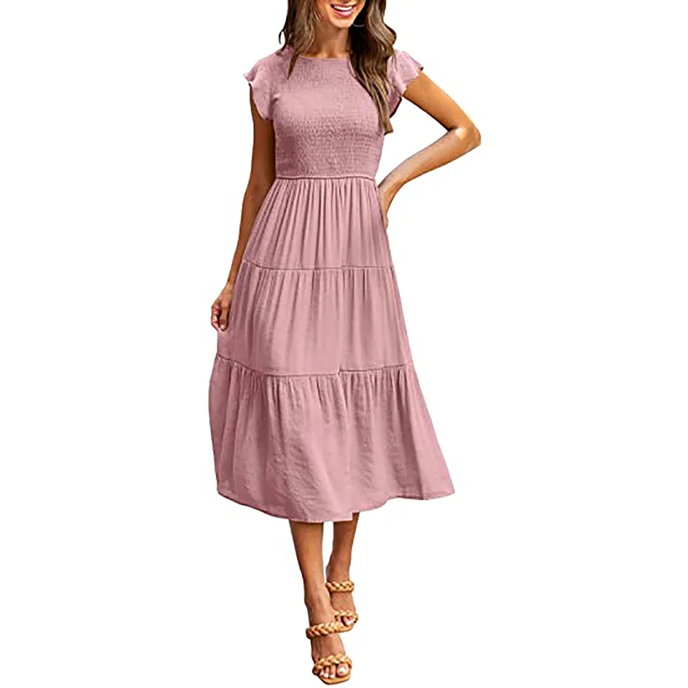 Pink Ruffled Sleeve Pleated Layered Casual Dress