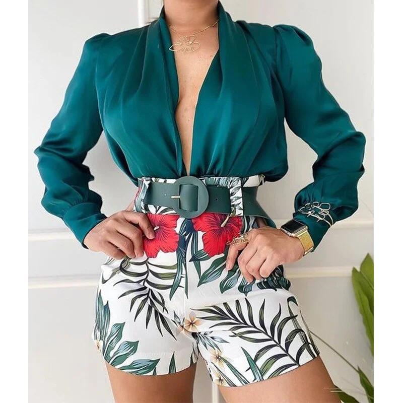 CM.YAYA Beach Holiday Women's Tracksuit Floral Leaf Long Sleeve Shirt and Shorts Matching Two 2 Piece Set Outftis Sweatsuit