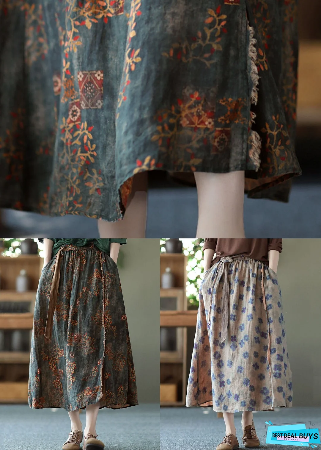 Purple Print Pockets Patchwork Linen Skirts Wrinkled Elastic Waist Summer
