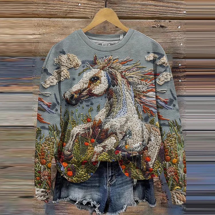 Western Horse Print Round Neck Casual Sweatshirt
