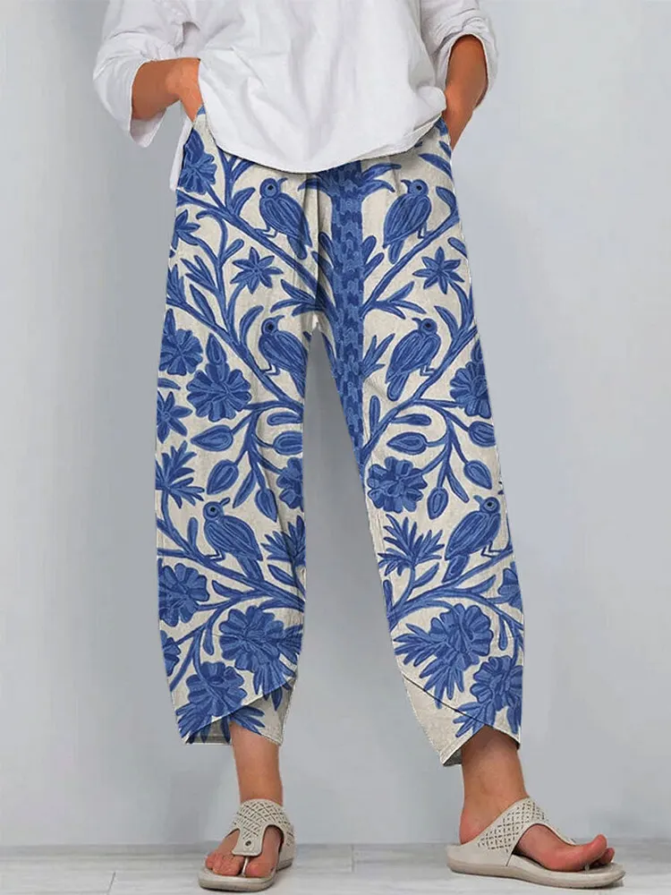 Women's Vintage Flowers Art Printed Cotton And Linen Casual Pants