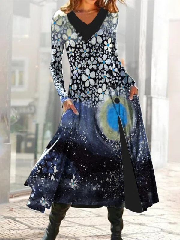 Long sleeve floral print casual A-line dress