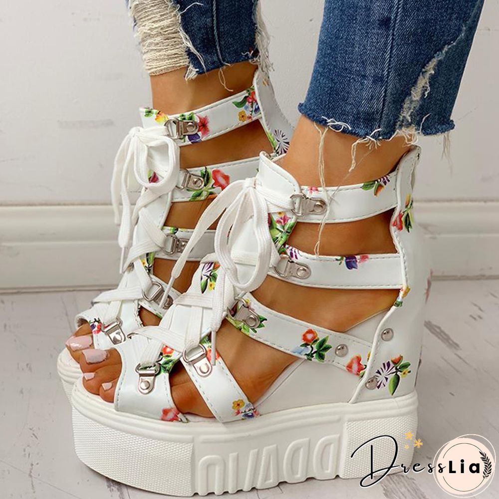INS Hot Print Leisure Wedges Women's Shoes Summer Shoes Women Sandals Platform Shoelaces High Heels Casual Shoes Woman