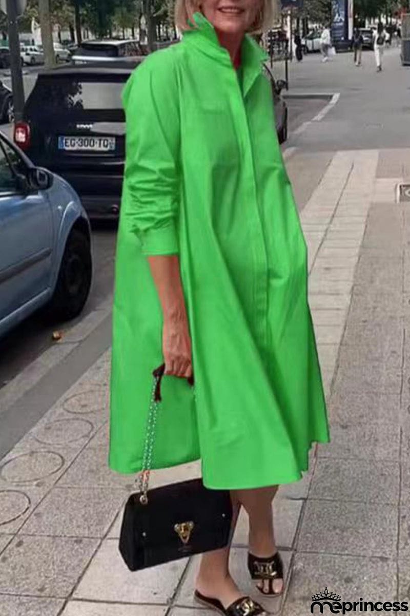 Street Elegant Solid Color Shirt Collar A Line Dresses(3 Colors)