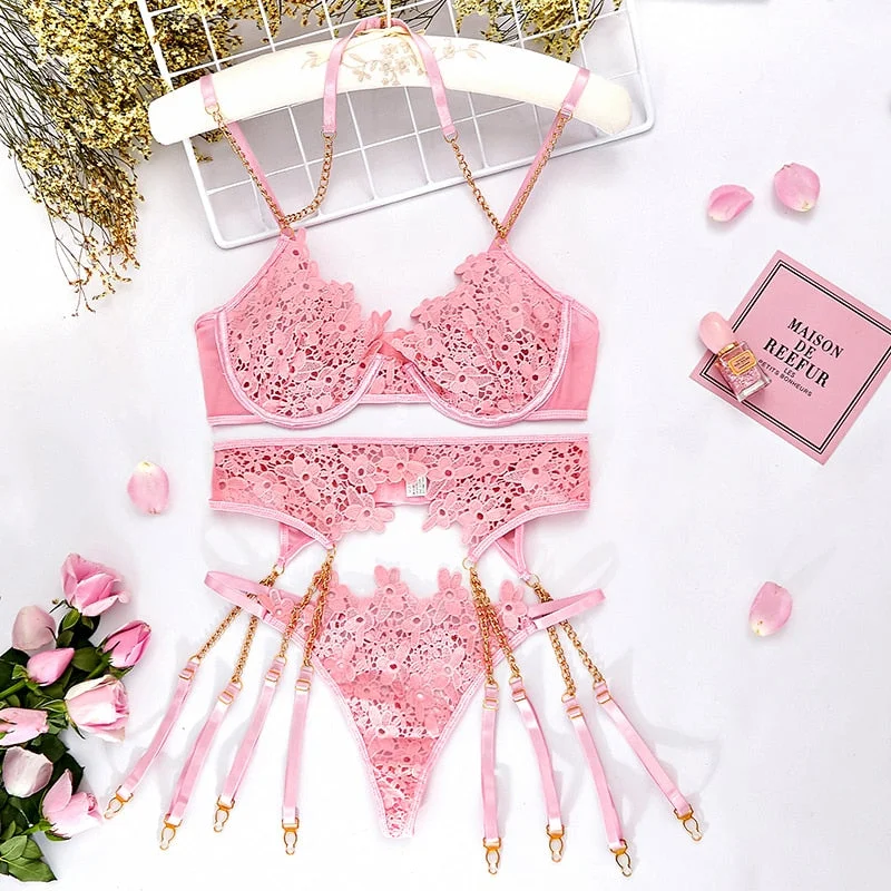 3-Piece Lace Bra Set Women Chain Embroidery Bra Underwire + Thong Underwear Set Ladies Pink Sexy Lingerie Set