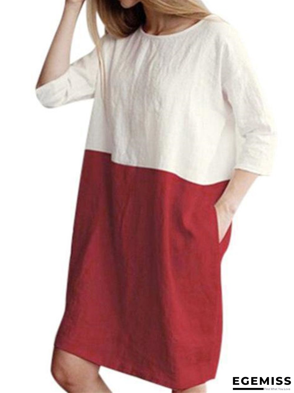 Loose Solid Color Cotton Linen Patchwork Dress Round Neck Seven Sleeve Skirt Waist | EGEMISS