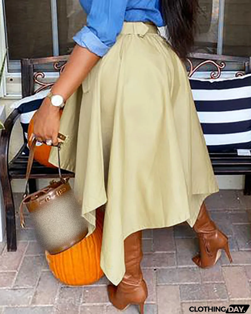 Solid Color Khaki Irregular Skirt