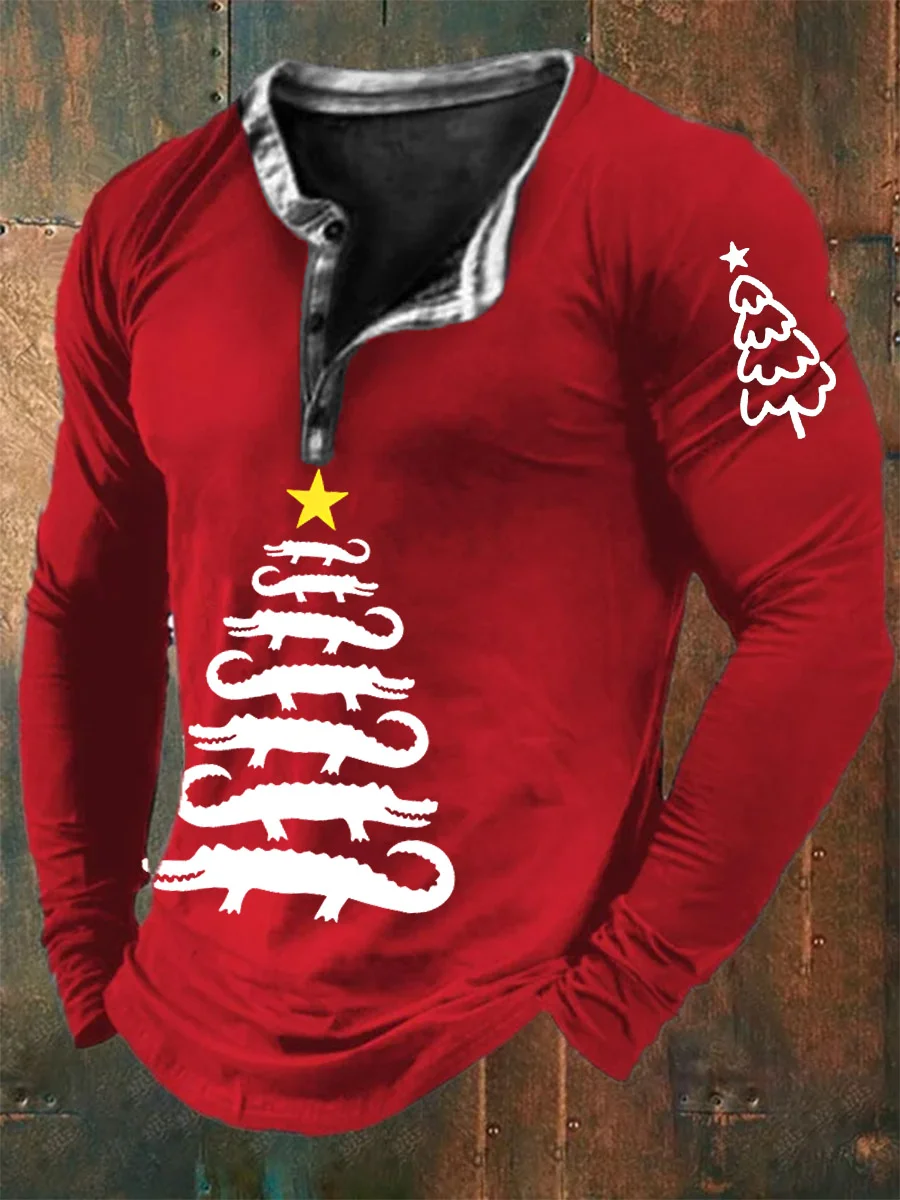 Men's Christmas Tree Christmas Party Funny Long Sleeve Henley Shirt