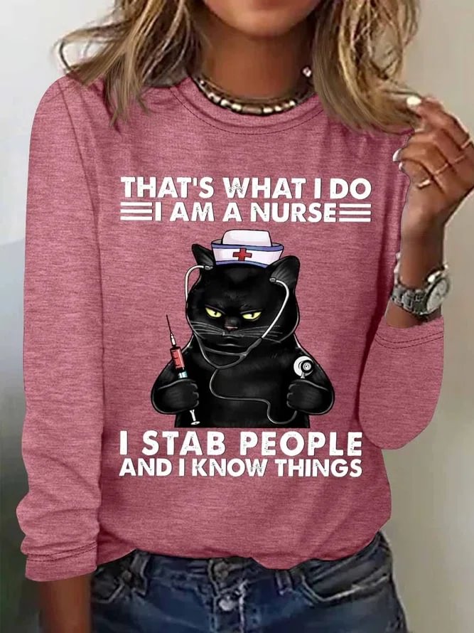 Women‘s Funny Word That's What I Do I Am A Nurse Black Cat Crew Neck Cotton-Blend Long Sleeve Top