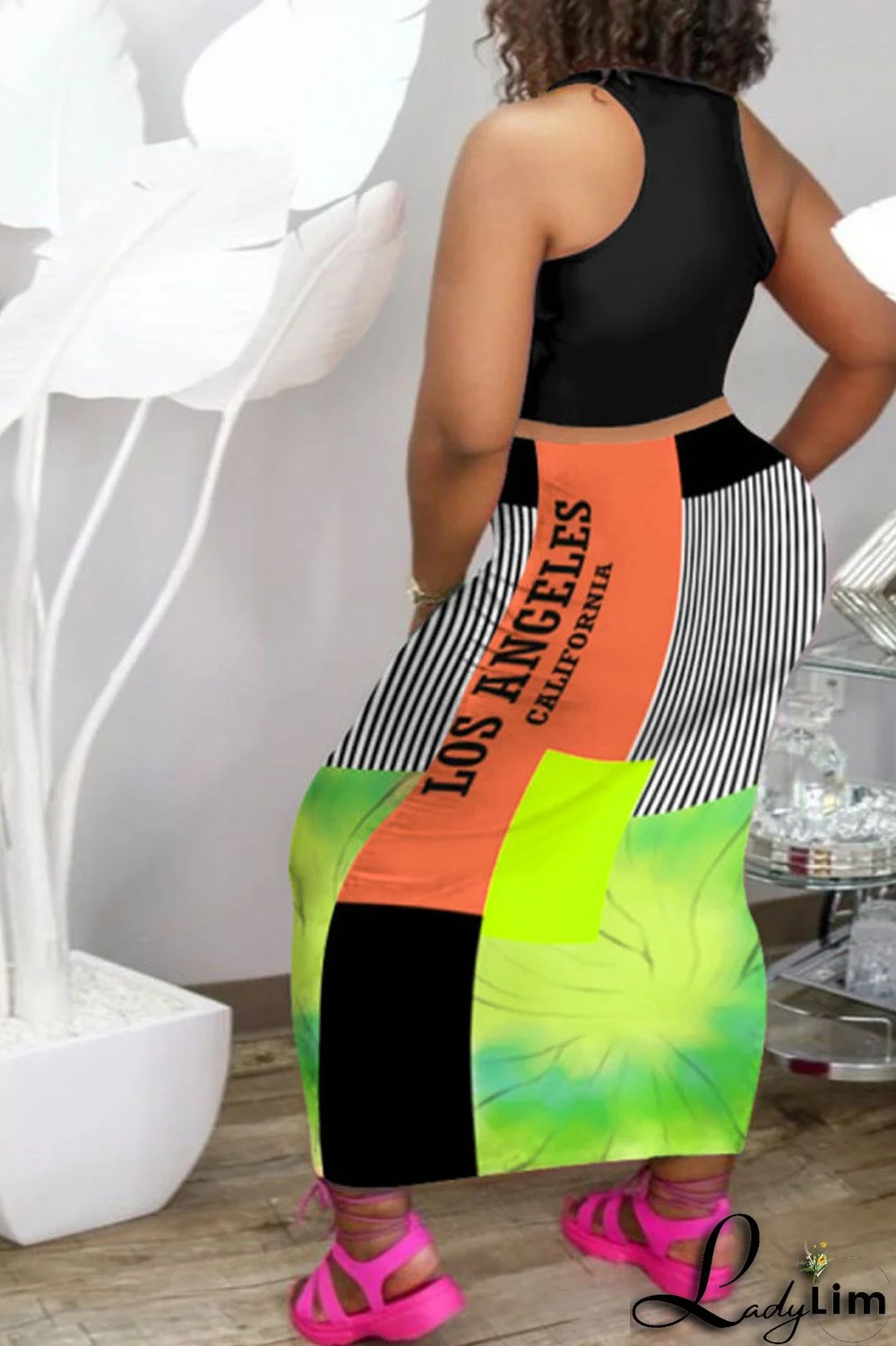 Black Orange Fashion Sexy Print Basic U Neck Plus Size Two Pieces